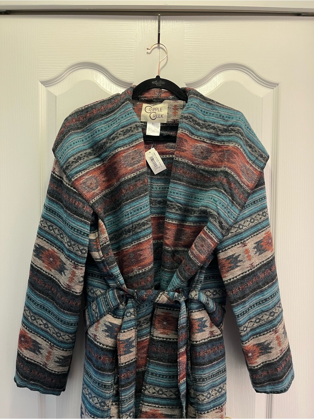 Cripple Creek Women's Teal & Rust Patterned Open Cardigan with Belt